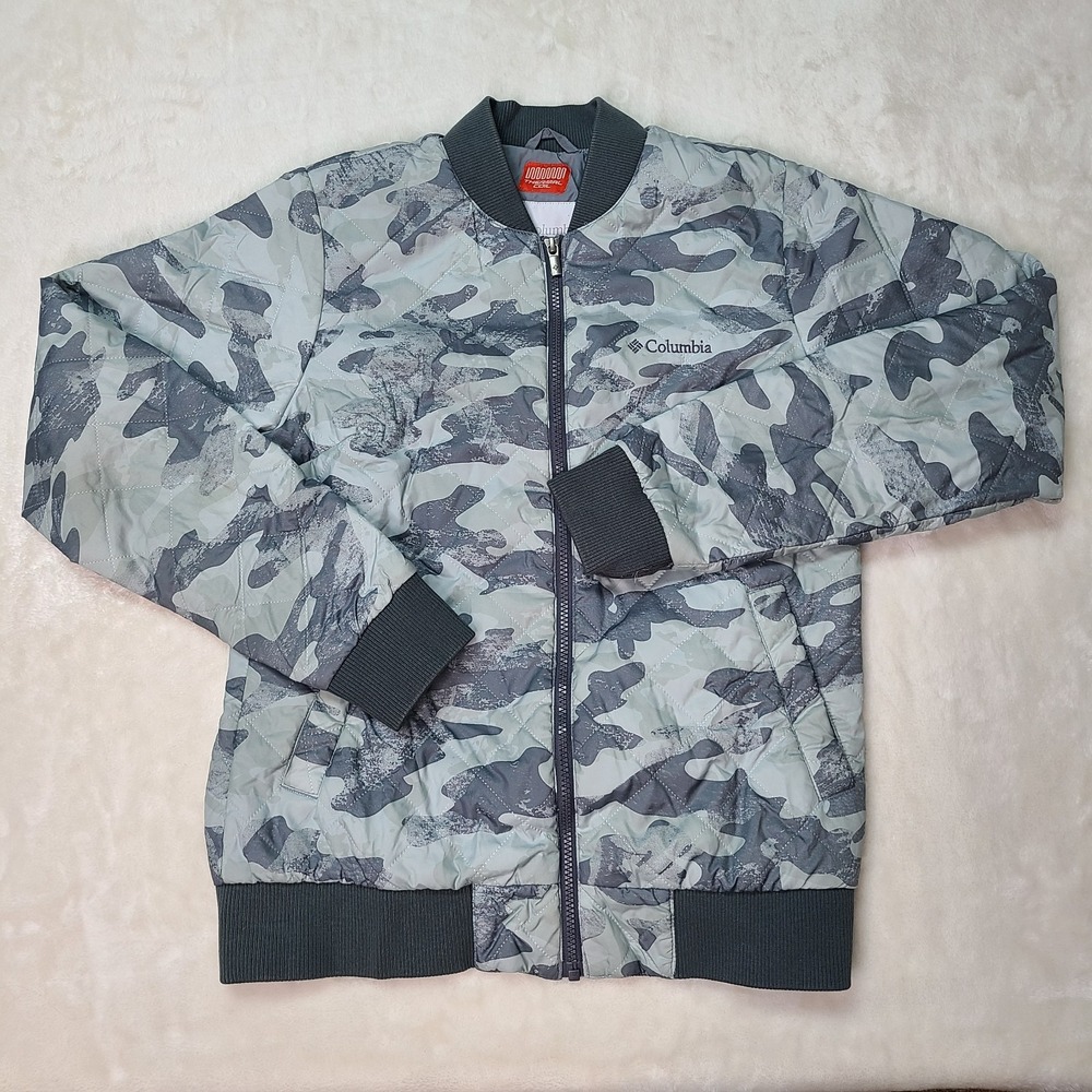 Columbia Thermal Coil Womens Med Gray Camo Bomber Jacket Gorpcore Quilted